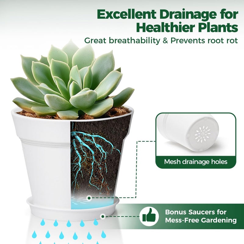 T4U 6 Inch Plant Pot 8-Pack, Plastic Planter with Drainage Hole and Saucer, Decorative Nursery Pots Bulk for African Violet, Snake Plant, Succulent, Herb and Plants Indoor (8 Pcs 6" Pots, White) - Image 4